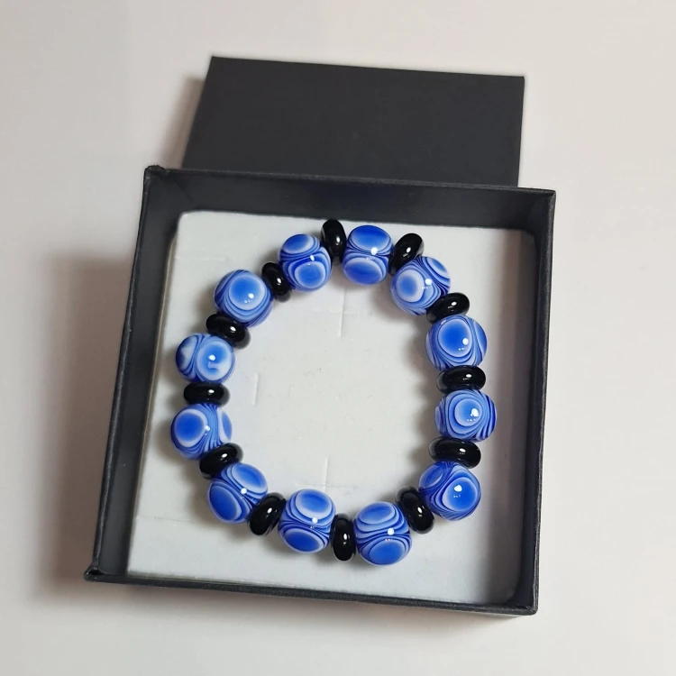 Ręcznie wykonana bransoletka ze szkła artystycznego, lampwork. Błękit Nieba w pudełku