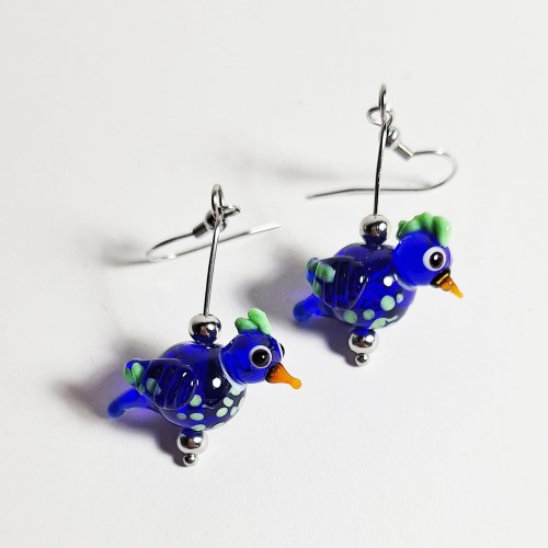 Błękitne Ptaszki  ręcznie wykonane dwa kolczyki ze szkła artystycznego  lampwork