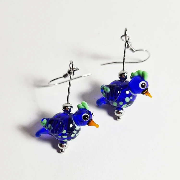 Błękitne Ptaszki  ręcznie wykonane dwa kolczyki ze szkła artystycznego  lampwork