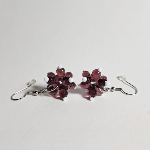 Jagodowy Kwiat ręcznie wykonane dwa kolczyki ze szkła artystycznego  lampwork