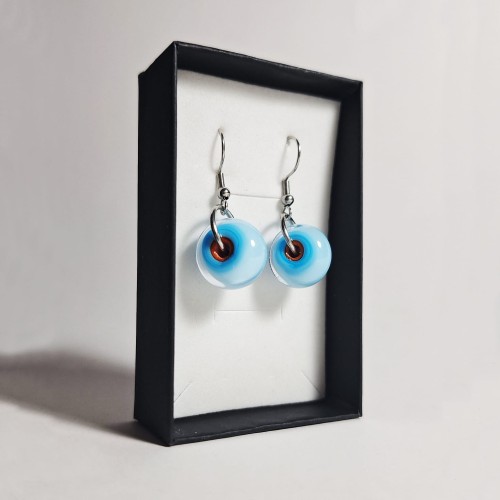 Kolorowe Kręgi ręcznie wykonane dwa kolczyki ze szkła artystycznego  lampwork  w pionie w pudełku Błękitny z pomarańczowym