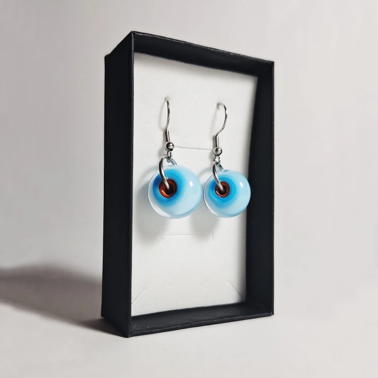 Kolorowe Kręgi ręcznie wykonane dwa kolczyki ze szkła artystycznego  lampwork  w pionie w pudełku Błękitny z pomarańczowym