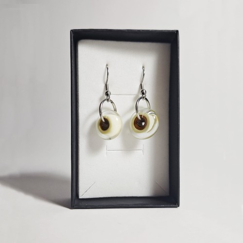 Kolorowe Kręgi ręcznie wykonane dwa kolczyki ze szkła artystycznego  lampwork  w pionie w pudełku Kremowy z brązowym