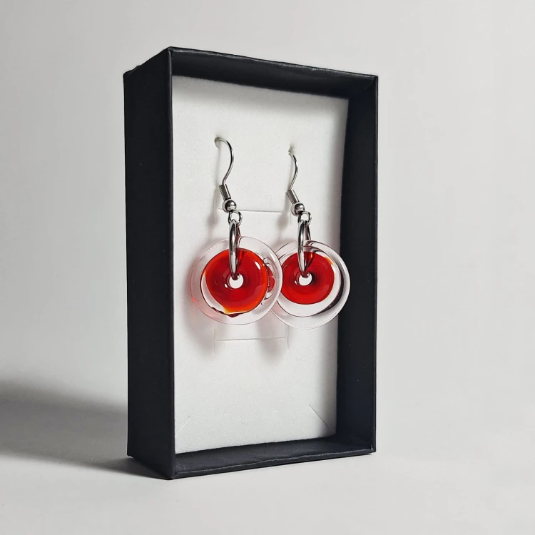 Kolorowe Kręgi ręcznie wykonane dwa kolczyki ze szkła artystycznego  lampwork  w pionie w pudełku Pomarańczowy z oliwkowym