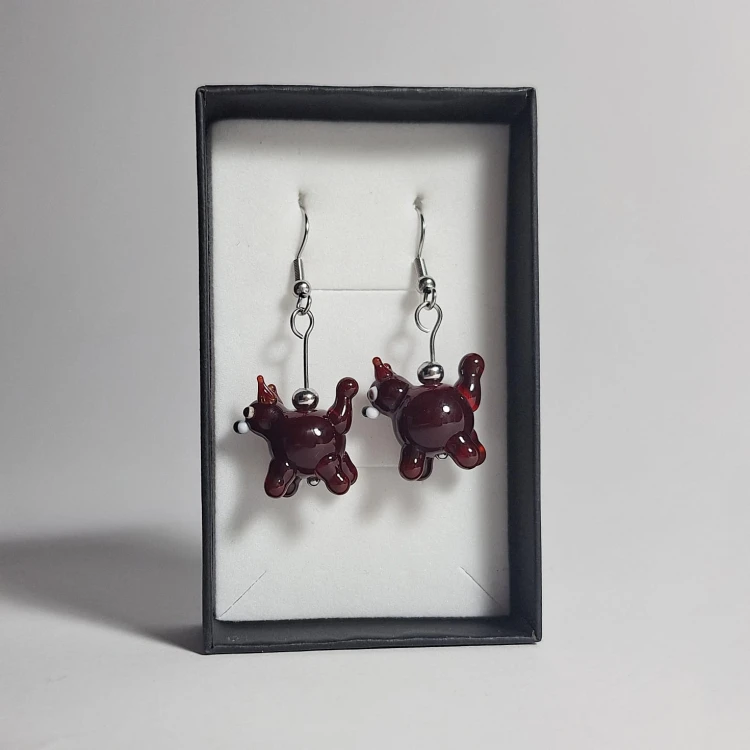 Brązowe Kocury ręcznie wykonane dwa kolczyki ze szkła artystycznego  lampwork