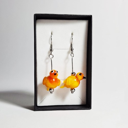 urocze Żółte Ptaszki ręcznie wykonane dwa kolczyki ze szkła artystycznego  lampwork