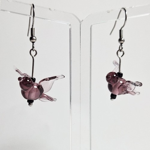 Fioletowy Odlot ręcznie wykonane dwa kolczyki zestaw ze szkła artystycznego  lampwork wiszące obok siebie