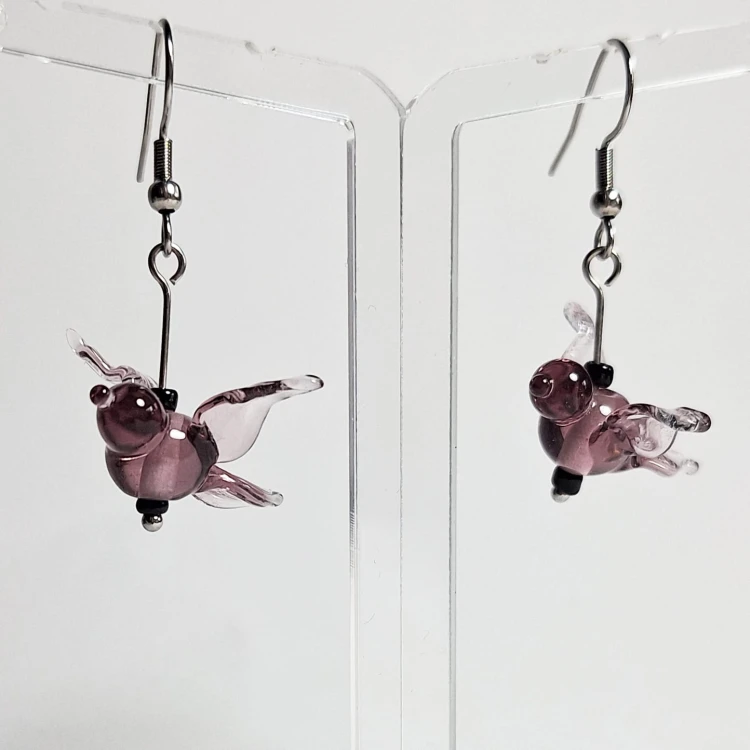 Fioletowy Odlot ręcznie wykonane dwa kolczyki zestaw ze szkła artystycznego  lampwork wiszące obok siebie