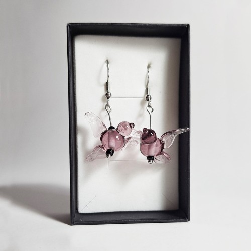 Fioletowy Odlot ręcznie wykonane dwa kolczyki zestaw ze szkła artystycznego  lampwork w pudełku  w pionie